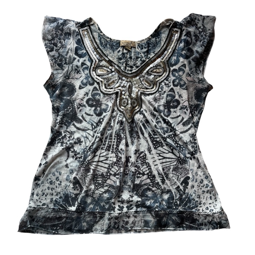 Vintage Y2K Boho Sequin Butterfly Blue Grey Flowy Romantic Short Sleeve Top M